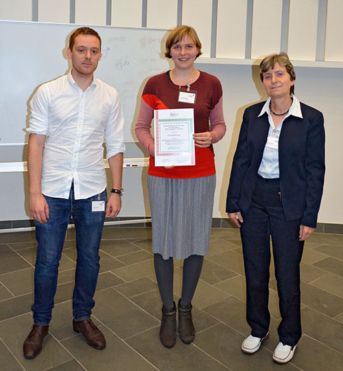The ISSIA PhD competition 2017 award winner Dr. Annick De Backer, middle, the ISSIA president Lucie Kubínová, right and the organizer of the PhD thesis competition Bruno Figliuzzi, left. ISSIA PhD award winner 2017 Dr. Annick De Backer